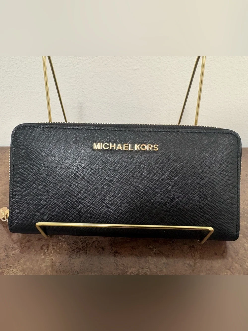 Michael Kors Black Saffiano Zip Around Wallet Gold Hardware 9x4